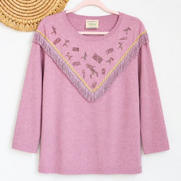 Hazelwood Tops - Hazelwood Southwestern Vintage Pink Western Fringe Knit Tribal Top SZ Large